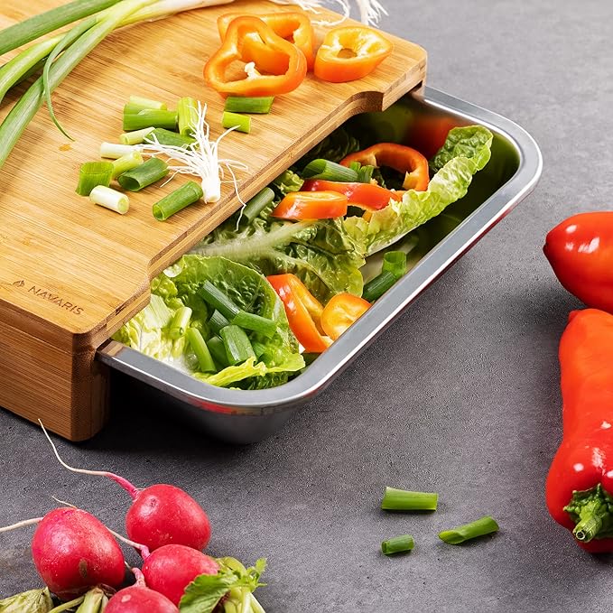 Bamboo Chopping Board Featuring Two Integrated Stainless Steel Trays - Image 2