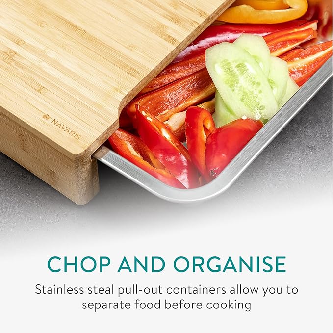 Bamboo Chopping Board Featuring Two Integrated Stainless Steel Trays - Image 3