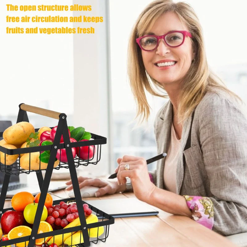 Black Metal 2-Tier Wire Fruit And Vegetable Basket - Image 5