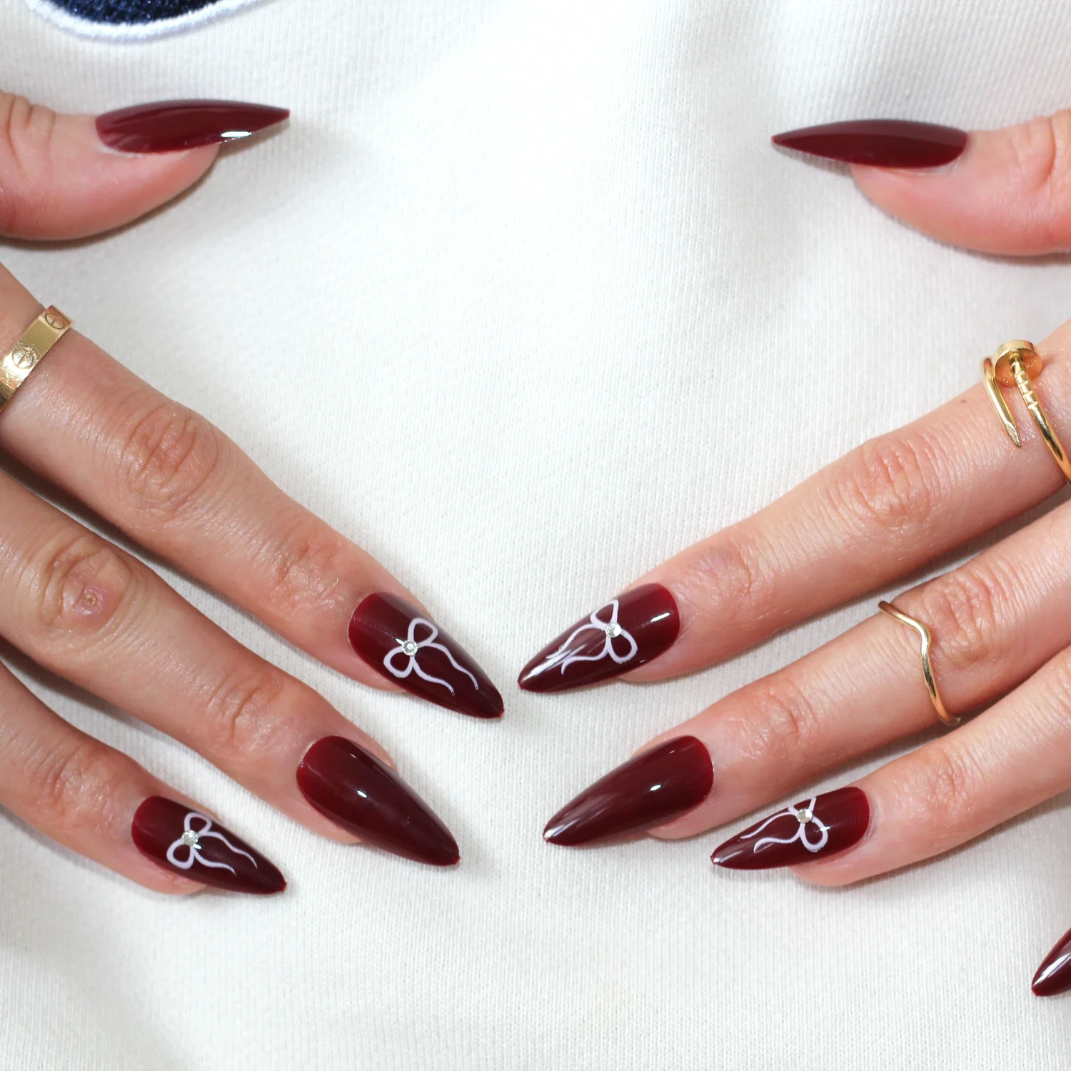 Burgundy Nails With Bow Accents - Image 2