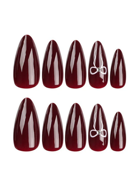 Burgundy Nails With Bow Accents - Image 3