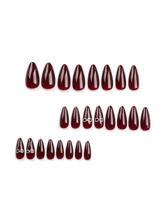 Burgundy Nails With Bow Accents - Image 4
