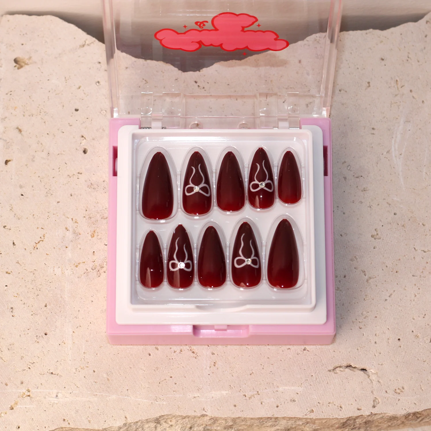 Burgundy Nails With Bow Accents - Image 5