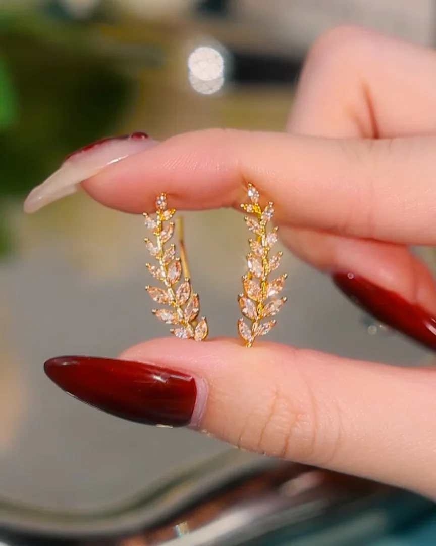 Crystal Leaf Ear Climber Earrings - Image 3