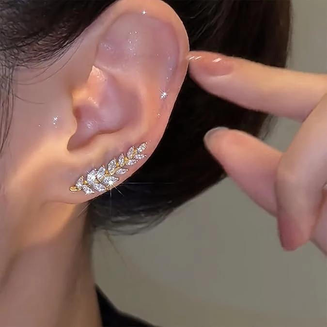 Crystal Leaf Ear Climber Earrings - Image 4