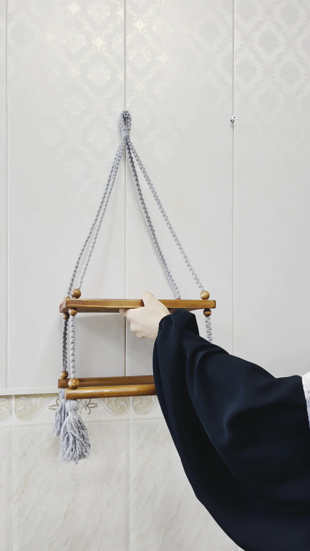 Handmade Wooden Macrame Wall Hanging Shelf - Image 2