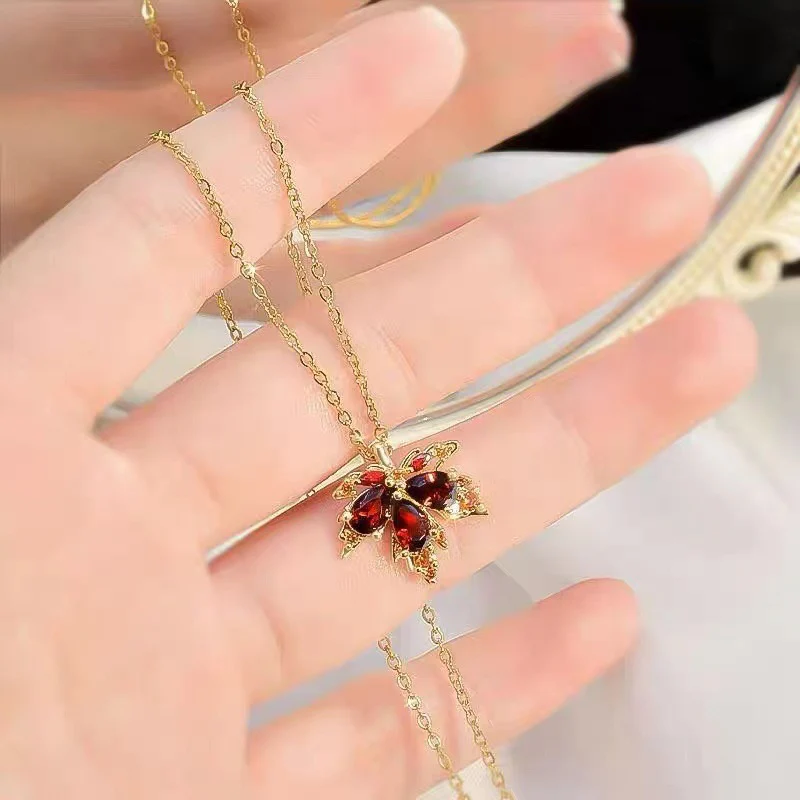 Red Maple Leave Pendant Necklace and Earring - Image 3